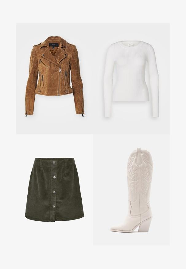 Brun suede bikerjakke med en kortet design, asymmetrisk lynlåslukning og flere lynlåslommer. Har sølvhardware og en krave.; Hvid langærmet ribbet top med en rund halsudskæring. Stoffet er glat og har en subtil tekstur samt en tætsiddende design. Ingen synlige detaljer eller mønstre.; Kort mørkegrøn corduroy nederdel med a-linjeform, der har fem sølvfarvede knaplukninger foran og lodret ribbet tekstur.; Hvide læder cowboystøvler med spidse tæer og blokhæle. Har intrikate syninger på skaftet og en glat tekstur.