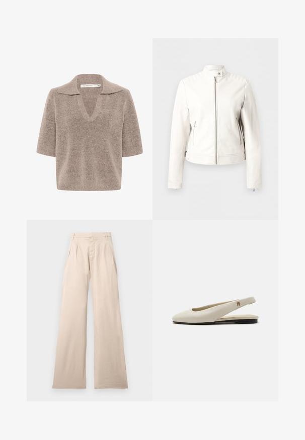 Chaqueta biker de cuero blanco con detalles acolchados en los hombros, cremallera frontal, dos bolsillos laterales con cremallera y cuello con botón a presión.; Suéter beige de manga corta con escote en V, hecho de un material de punto suave, con un diseño de cuello y un corte relajado.; Pantalones de pierna ancha beige hechos de algodón, con plisados en la parte frontal y una textura suave. El diseño incluye una cinturilla estándar y sin patrón visible.; Zapato plano slingback de cuero color crema con puntera redondeada y pequeño emblema dorado en la correa.