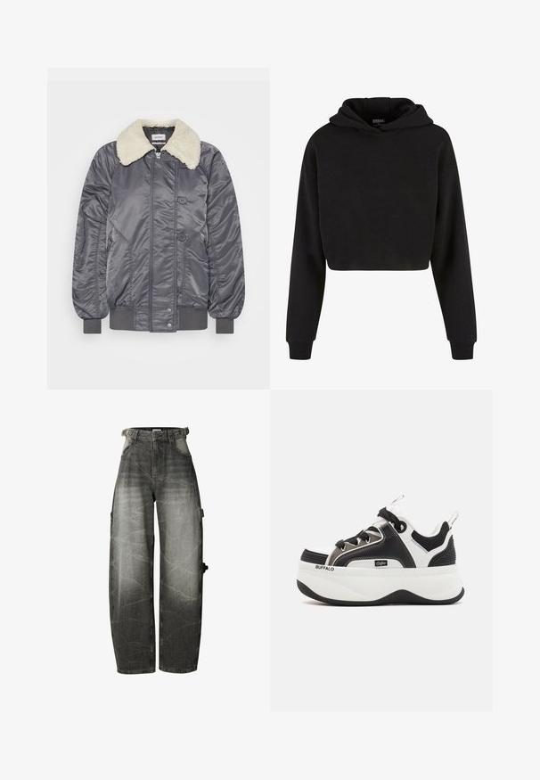 Weekday GAIUS - Blouson Bomber - off black; Haut de hoodie cropped noir en tissu doux, avec des manches longues, une capuche à cordon de serrage et des poignets côtelés. Design simple sans motifs.; Jean noir délavé coupe large avec taille haute, poches avant et passants de ceinture, avec un détail de poche sur la jambe droite.; Baskets à plateforme avec un design en noir et blanc, des accents en maille, des détails texturés et un logo proéminent sur le côté.