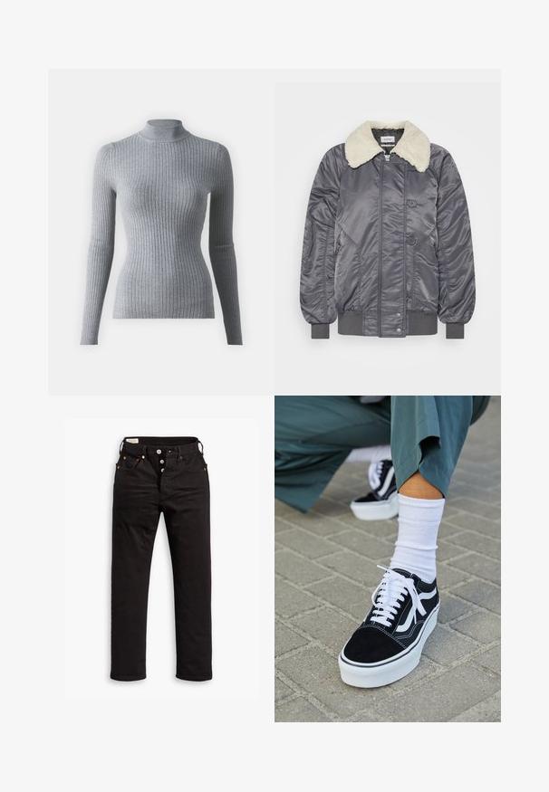 Weekday GAIUS - Blouson Bomber - off black; Pull en maille à col roulé gris côtelé avec des manches longues. Présente un design ajusté et un col haut pour plus de chaleur.; Jean noir à jambe droite avec fermeture à boutons, poches avant et arrière, et détails en rivets cuivrés sur fond blanc.; Baskets en suède noir avec des accents et des lacets blancs, présentant une épaisse semelle blanche et des coutures contrastantes, associées à une chaussette blanche.