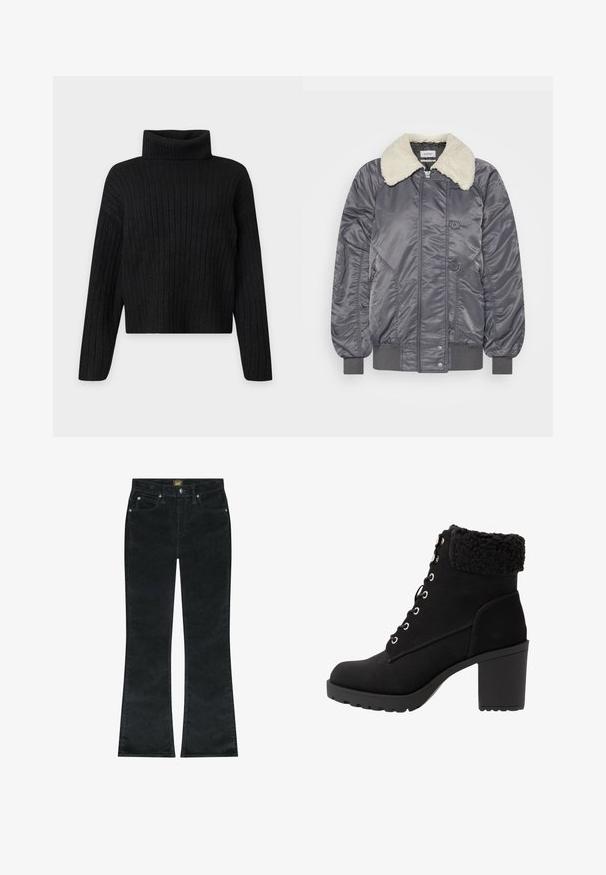 Weekday GAIUS - Bomberjakke - off black; Sort ribstrikket rullekrave trøje med lange ærmer og en let cropped pasform på en ensfarvet lys baggrund.; Lee BREESE BOOT - Jeans Bootcut - black; Sorte ankelstøvler lavet af ruskind med en tekstureret sorte pelskant, rund tå, snørebånd foran og en tykk hæl med en mønstret sål.