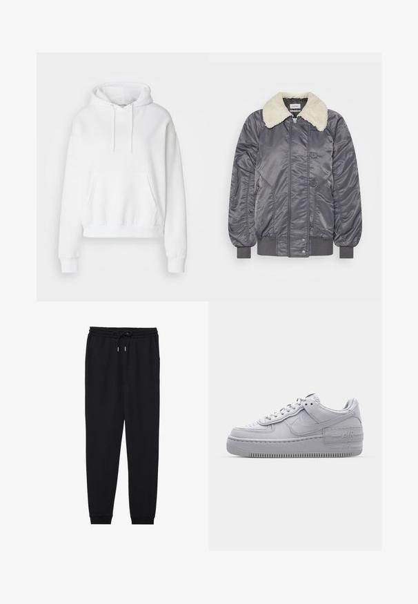 Weekday GAIUS - Blouson Bomber - off black; Sweatshirt blanc à capuche avec une poche avant, des poignets et un ourlet côtelés. Tissu doux et coupe décontractée, avec des cordons de serrage sur la capuche.; Pantalons de jogging noirs en tissu doux, avec une taille élastique munie d'un cordon de serrage, des poches latérales et des chevilles fuselées.; Basket en cuir lisse gris Nike Air Force 1 avec un bout perforé, une semelle épaisse et un détail 'AIR' en relief sur le talon.
