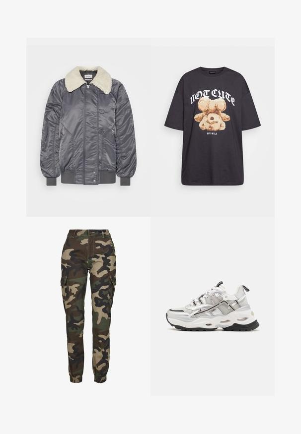 Weekday GAIUS - Bomber-jakk - off black; Musthave musta t-särk, millel on karu graafika ja tekst "EI NII NÄDALA, KUID MÄRG" paksult valgete tähtedega. Puuvillane materjal.; Kamikaze roheliste, pruunide ja mustade varjunditega cargo püksid; omad elastsed mansetid, küljetaskud ja kindel nööp sulgemine.; Valge ja hall sportlik treeningjalats, mis koosneb võrgust ja sünteetilistest materjalidest, paks tallaga, silmapaistva musta mustriga ja paelkinnise disainiga, millel on aktsendid.