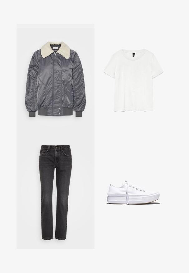 Weekday GAIUS - Bomberjacks - off black; Witte t-shirt met korte mouwen en een ronde hals, gemaakt van lichte stof. Eenvoudig ontwerp, gladde textuur en rechte zoom.; Zwarte denim jeans met een recht model, voorzien van een klassiek vijf-pocket ontwerp, een ritssluiting en contrasterende stiksels langs de naden.; Witte lage canvas sneaker met dikke plateauzool, veters aan de voorkant en rubberen toeskap met structuur, zijaanzicht.