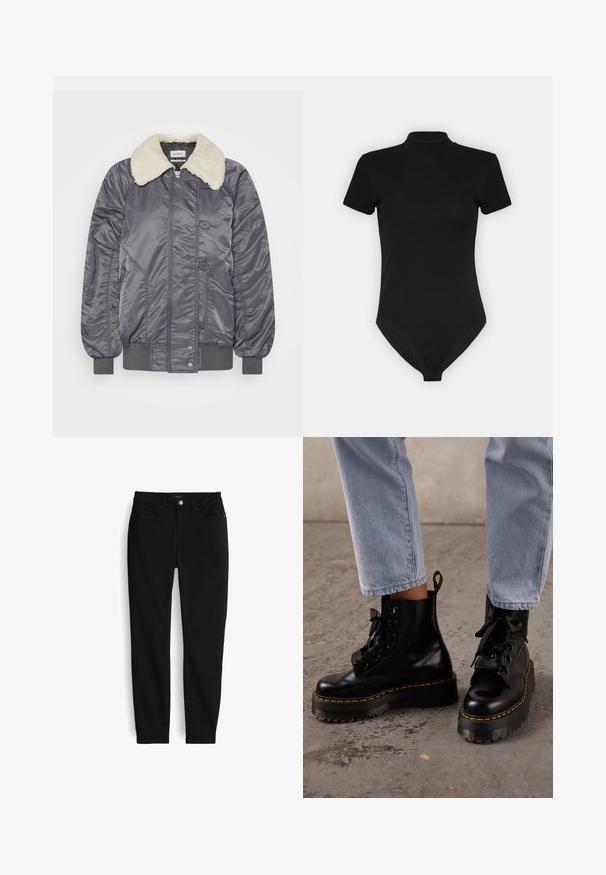 Weekday GAIUS - Bomberjacke - off black; Schwarzer bodysuit mit hohem Kragen, kurzen Ärmeln und tailliertem Design. Hergestellt aus einem glatten, dehnbaren Stoff mit nahtlosem Boden.; Schwarze Slim-Fit-Jeans mit Knopf- und Reißverschluss vorne, fünf Taschen und Gürtelschlaufen, flach auf weißem Hintergrund ausgebreitet.; Person trägt hellblaue Jeans und schwarze Leder-Schnür-Plateaustiefel mit gelber Naht auf einem Betonboden.