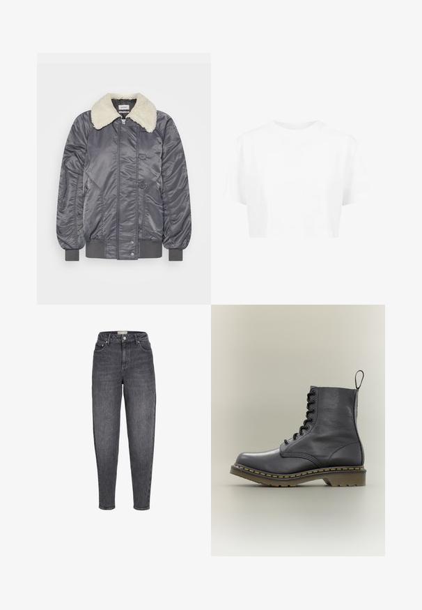 Weekday GAIUS - Chaquetas bomber - off black; Camiseta blanca corta, de mangas cortas, con cuello redondo, hecha de una tela suave, sin patrones visibles ni herrajes distintivos.; Vaqueros de corte ajustado, de talle alto, lavados en negro, con bolsillos delanteros, trabillas para cinturón y cierre de botón.; Bota de combate de cuero negro con 8 ojales, suela de goma, costuras amarillas y una lengüeta en la parte trasera. Presenta una parte superior texturizada.