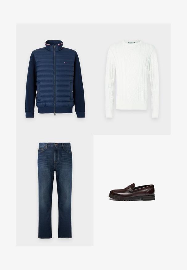Marineblå quiltet jakke med fuld lynlås foran, sidelommer med knapper, høj krave og et lille rektangulært logo på brystet.; Hvid kabelstrikket sweater med lange ærmer og tekstureret "GUESS"-logo på brystet, med ribbede manchetter og kant.; Mørkeblå denimjeans med et lige ben design, der har lukning med knapper foran og subtile falmede detaljer på stoffet.; Brune læder loafers med en ruskindsdetalje, rund tå og tekstureret gummisål. Har syet detaljering og en let hæl.