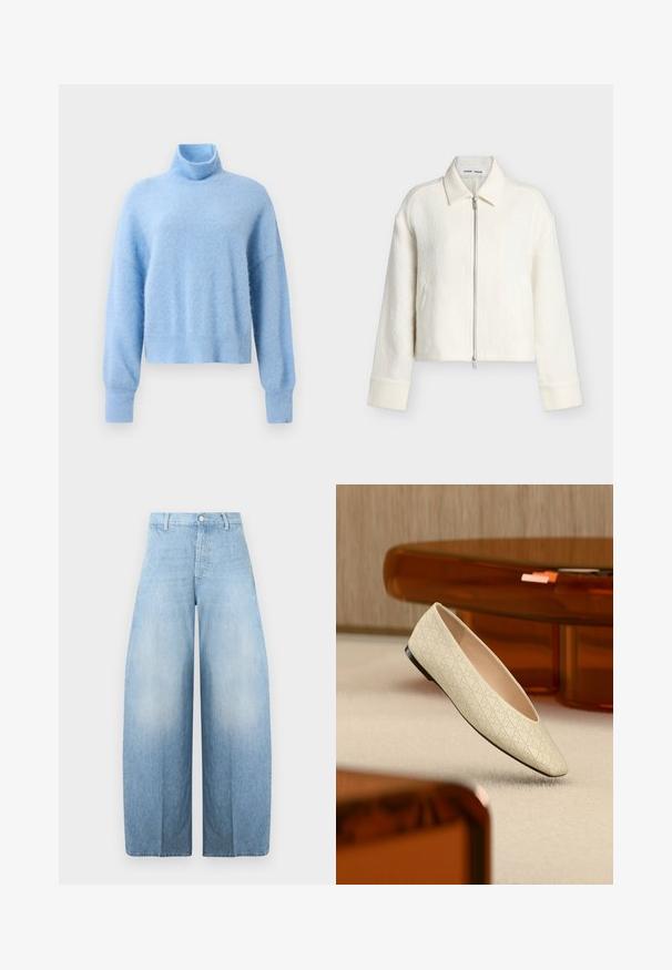 Offwhite gestructureerd jack met ritssluiting, lange mouwen, een kraag en een rechte zoom, weergegeven op een effen lichte achtergrond.; Lichtblauwe, korte turtleneck trui gemaakt van zachte, gestructureerde stof met lange mouwen en geribbelde manchetten voor extra detail.; Lichtblauwe, hooggetailleerde spijkerbroek met brede pijpen, riemlussen, voorste knoop en ritssluiting op een witte achtergrond.; Beige platte schoen met geometrische perforaties, zwevend boven een licht tapijt in een kamer met amberkleurige meubels.