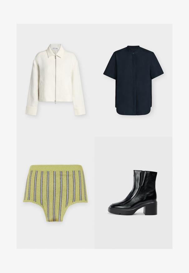 Off-white tekstureret lynlåstrøje med lange ærmer, krave og lige kant, vist på en ensfarvet lys baggrund.; Marineblå kortærmet skjorte med mandarinkrave og skjult knaplukning, vist mod en hvid baggrund.; Gule ribbede briefs med skinnende guldtråde og lodrette blå og brune striber. Har en bred elastisk talje og en glat tekstur.; Sorte patenterede læderankelstøvler med en buet tå, elastiske sidepaneler og en kraftig blokhæl. Har et præget logo på bagsiden.
