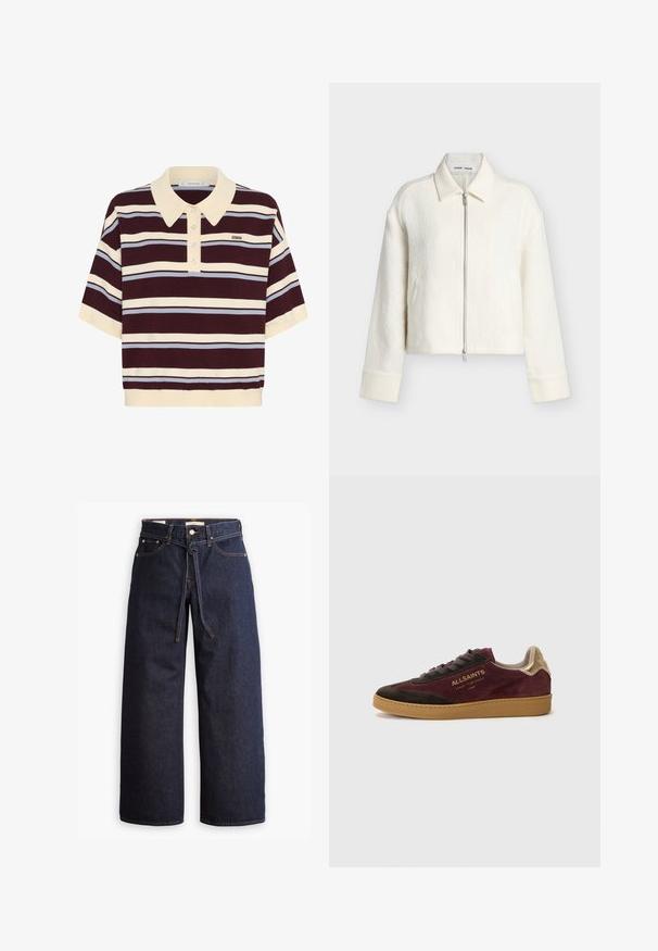 Off-white tekstureret lynlåstrøje med lange ærmer, krave og lige kant, vist på en ensfarvet lys baggrund.; Kortærmet polo-shirt i mørkerød og creme striber med lyseblå accenter, der har krave og knaplukning. Blødt strikket stof.; Bredde ben mørkeblå denim jeans med høj talje, der har snoretræk, fem lommer og kontrastsyet detaljer.; Suedestøvler i mørk bordeaux og brun med guld accenter. Har en struktureret overdel, præget logo og en gummisål.