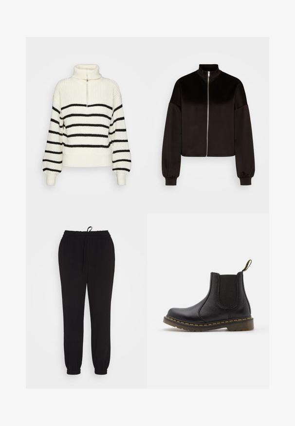 Vero Moda VMPANNA ZIP - Spordijakk - black; Kreem värvi nööriga kaelusega kudumisel sokk mustade horisontaalsete triipudega. Omab pool-zip ees, lai ribaga mansetid ja ääred.; Vero Moda VMZELDA TAPERED TRACK PANT - Püksid - black; Mustad musta nahast Chelsea saabas, millel on elastsed külgpaneelid, ümar varvas, kollane õmblemine, kummist tald ja tagumine tõmblõng lihtsaks selga panemiseks.