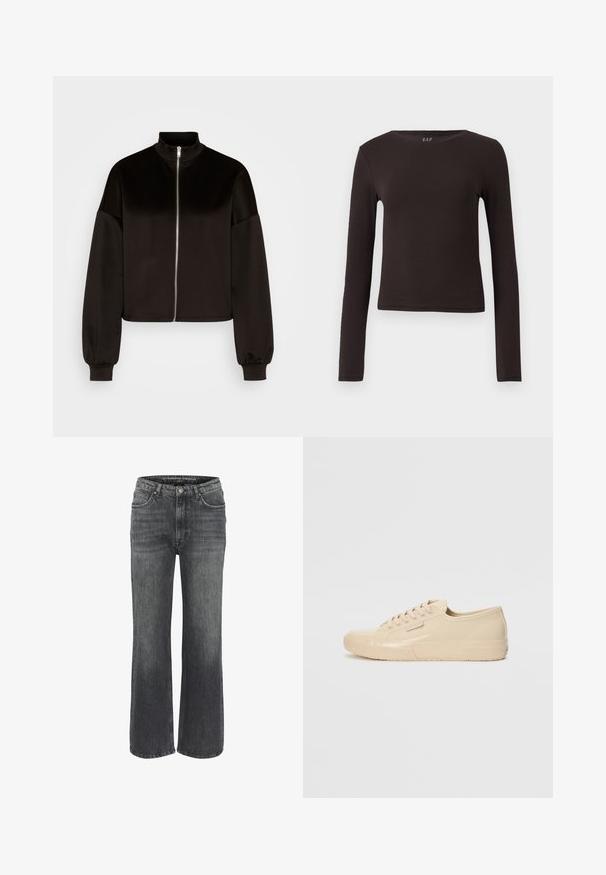 Vero Moda VMPANNA ZIP - Tréningová bunda - black; Dlhý rukáv top v tmavohnedej farbe, vyrobený z mäkkého elastického materiálu. Má okrúhly výstrih a priliehavý strih, vhodný na vrstvenie.; Džínsy s širokými nohavicami v tmavošedej denimovej farbe, so klasikou päťvreckového dizajnu, šitými detailmi a gombíkovým zapínaním v páse.; Bežové nízke tenisky s lesklým povrchom, ktoré majú štruktúrovanú gumenú podrážku, okrúhly špičku a šesť dierok na šnúrky.