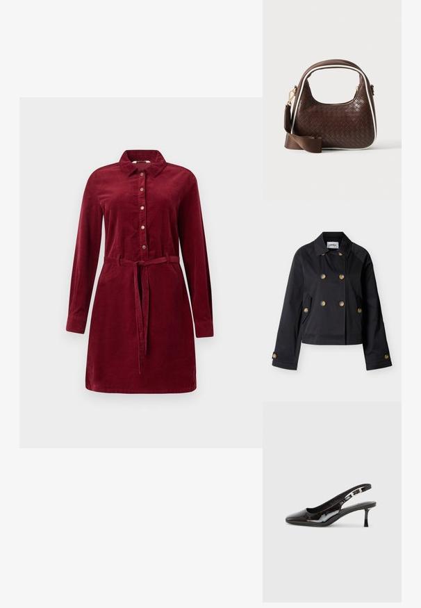 Zwarte dubbelgeknoopte cropped jas met brede kraag, zes bruine knopen, zijflapzakken en met knopen afsluitbare mouwboorden.; Bordeaux corduroy jurk met lange mouwen, knopen aan de voorkant, kraag en tailleband. Voorzien van zijknopen en een licht uitlopende rok.; Zwarte slingback schoen van lakleer met spitse neus, zilveren gesp en een middelhoog kittenhak op een effen lichte achtergrond.; Bruine geweven leren handtas met witte bies, gouden ritssluiting en afneembare bruine stoffen schouderriem.