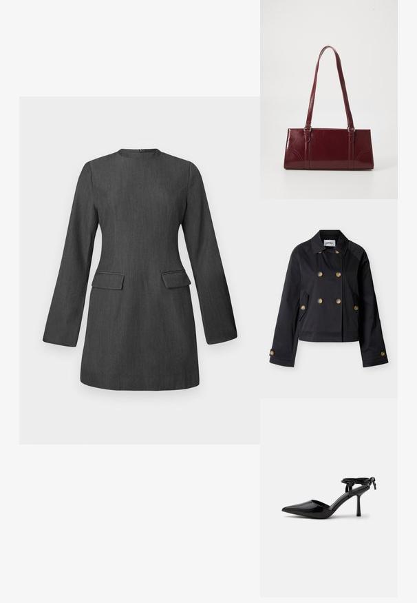 Schwarze, zweireihige, kurz geschnittene Jacke mit weitem Kragen, sechs braunen Knöpfen, seitlichen Pattentaschen und knöpfbaren Ärmelbündchen.; Graues, tailliertes Kleid mit langen Ärmeln, Rundhalsausschnitt und zwei vorderen Taschen. Hergestellt aus strukturiertem Stoff und zeichnet sich durch ein elegantes, strukturiertes Design aus.; Schwarzer Lackleder-Pumps mit spitzer Zehenpartie und Knöchelriemen, hinten zu einem Knoten gebunden, gezeigt auf weißem Hintergrund.; Burgunderfarbene Handtasche aus glänzendem Material, rechteckige Form, mit zwei Schulterriemen und subtilen, geschwungenen Akzenten an der Vorderseite.