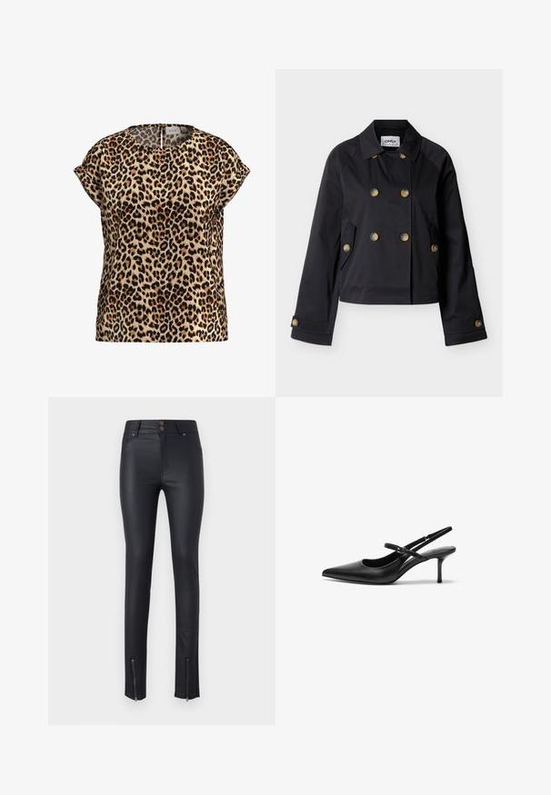 Chaqueta negra corta de doble botonadura con cuello ancho, seis botones marrones, bolsillos laterales con solapa y puños con botones.; Top de estampado de leopardo, con mangas cortas y escote redondo, hecho de una tela sedosa; presenta un fondo beige con manchas negras y marrones.; Pantalones ajustados de imitación piel negra con dos bolsillos frontales, cierre de doble botón y cremallera en los tobillos para un ajuste ajustable. Textura suave en toda su superficie.; Zapatos de tacón slingback de cuero negro con punta afilada, correa ajustable delgada y un tacón de aguja de aproximadamente 5 cm, textura suave.