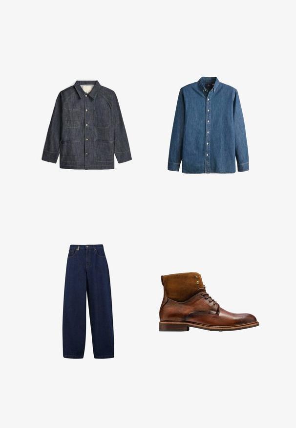 Dunkelblaue Jeansjacke mit langen Ärmeln, vier Fronttaschen, kontrastierenden Nähten und Metallknöpfen in der Mitte.; Denim-Hemd in Mittelblau, mit langen Ärmeln, spitzem Kragen, weißen Knöpfen und einer taillierten Passform sowie dezentem Logostick.; Lässige, dunkelblaue Denim-Jeans mit hoher Taille, Fronttaschen und geradem Bein. Enthält silberfarbene Hardware und minimalistische Nähte.; Kazar ALID - Schnürstiefelette - brown