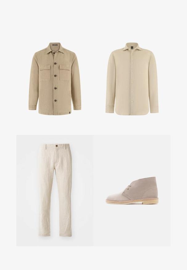 Veste-chemise beige à manches longues avec deux poches poitrine à rabat, poches latérales, col classique, et boutons marron.; Chemise beige à manches longues avec boutons, col pointu, tissu texturé et poignets standards, présentée sur un fond blanc.; Pantalons en lin beige à coupe slim, dotés d'une fermeture à un seul bouton marron, de jambes droites et d'une finition en tissu texturé.; Bottine en cuir suédé beige à deux œillets avec lacets, semelle en crêpe et petit talon empilé, vue de profil sur un fond uni.