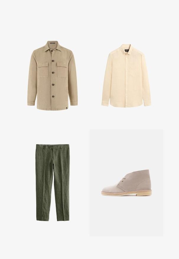 Beige langærmet skjortejakke med knapper, to brystlommer med klap og sidelommer, klassisk krave og brune knapper.; Langærmet beige skjorte med knapper og brystlomme, vist på hvid baggrund.; Next SIGNATURE - REGULAR FIT - Bukser - olive green; Beige ruskindsankelstøvle med to-huls snørebånd, crepe-sål og lav stakket hæl, vist fra siden på en ensfarvet baggrund.