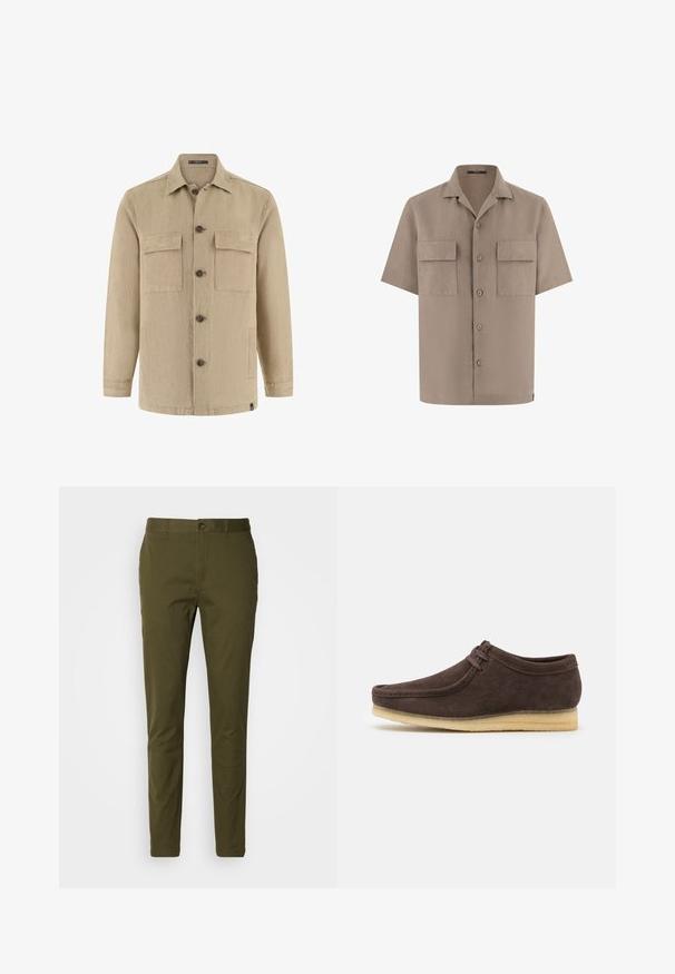 Beige langærmet skjortejakke med knapper, to brystlommer med klap og sidelommer, klassisk krave og brune knapper.; Beige kortærmet skjorte med knapper, to frontlommer med klap og en spredt krave, vist på hvid baggrund.; Olivenfarvede bukser lavet af glat bomuld, med knaplukning, slim fit design og minimale syninger ved taljen.; Brune ruskindsko med en glat overflade, rund tå og minimalistisk design. Har en lysgummisål og kontrastfarvet snøredetalje.