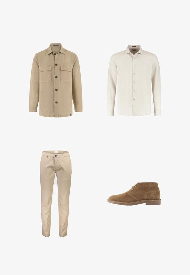 Chaqueta camisa beige de manga larga con botones, dos bolsillos con solapa en el pecho, bolsillos laterales, cuello clásico y botones marrones.; Camisa beige de manga larga con botones, cuello puntiagudo y tela texturizada, presentada sobre un fondo blanco liso.; Pantalones de algodón beige con diseño de pierna recta, que cuentan con bolsillos delanteros, cierre de cremallera y un solo botón. Textura lisa, sin estampados.; Zapato casual marrón de ante hasta el tobillo con dos ojales para cordones y suela cosida sobre fondo blanco, vista lateral.
