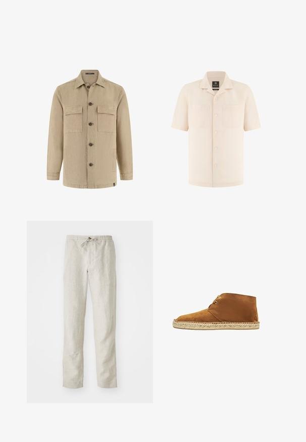 Beige langærmet skjortejakke med knapper, to brystlommer med klap og sidelommer, klassisk krave og brune knapper.; Beige kortærmet skjorte med knapper, camp-krave og to brystlommer, lavet af 100% linned fra Boggi Milano.; Lys beige linnedragt med lige ben, elastisk talje, justerbar snor og ingen synlige mønstre eller metaldele.; Brune ruskind ankelsko med en rund tå og en sål af jute-reb. Har et snørebåndsdesign og en glat overflade, ideel til afslappet brug.
