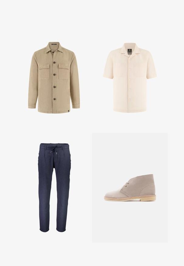 Veste-chemise beige à manches longues avec deux poches poitrine à rabat, poches latérales, col classique, et boutons marron.; Chemise beige à manches courtes avec boutons, col camp et deux poches poitrine, en lin 100 % de Boggi Milano.; Pantalons bleu marine, tapered, en tissu texturé, avec une taille élastique dotée d'un cordon de serrage ajustable et des poches latérales.; Bottine en cuir suédé beige à deux œillets avec lacets, semelle en crêpe et petit talon empilé, vue de profil sur un fond uni.