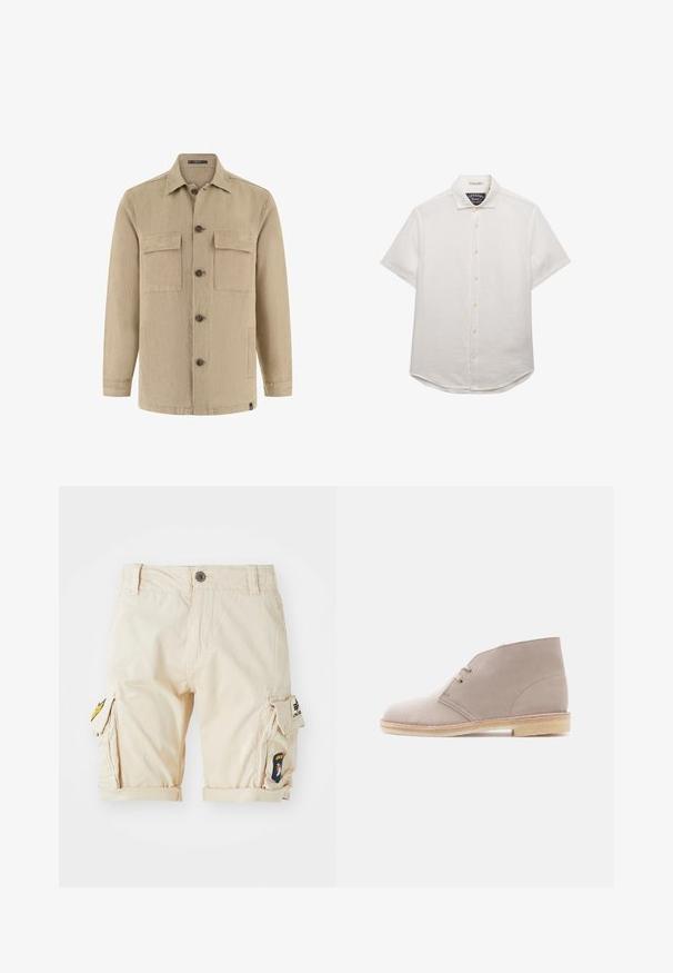 Veste-chemise beige à manches longues avec deux poches poitrine à rabat, poches latérales, col classique, et boutons marron.; Chemise blanche à manches courtes avec col, sept boutons, et étiquette de marque à l'intérieur de l'encolure, sur fond blanc.; Shorts cargo beiges en coton, avec des ourlets roulés, des poches latérales et des patchs brodés sur la jambe. Coupe classique et design fonctionnel.; Bottine en cuir suédé beige à deux œillets avec lacets, semelle en crêpe et petit talon empilé, vue de profil sur un fond uni.