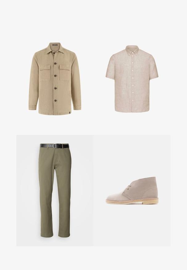 Chaqueta camisa beige de manga larga con botones, dos bolsillos con solapa en el pecho, bolsillos laterales, cuello clásico y botones marrones.; Camisa beige de lino de manga corta con cuello abotonado y cierre frontal de botones.; Pantalones rectos de color verde oliva, hechos de algodón, con un cinturón de cuero negro, costuras visibles y bolsillos laterales.; Bota corta de ante beige con cordones de dos ojetes, suela de crepé y tacón bajo apilado, vista lateral sobre un fondo liso.