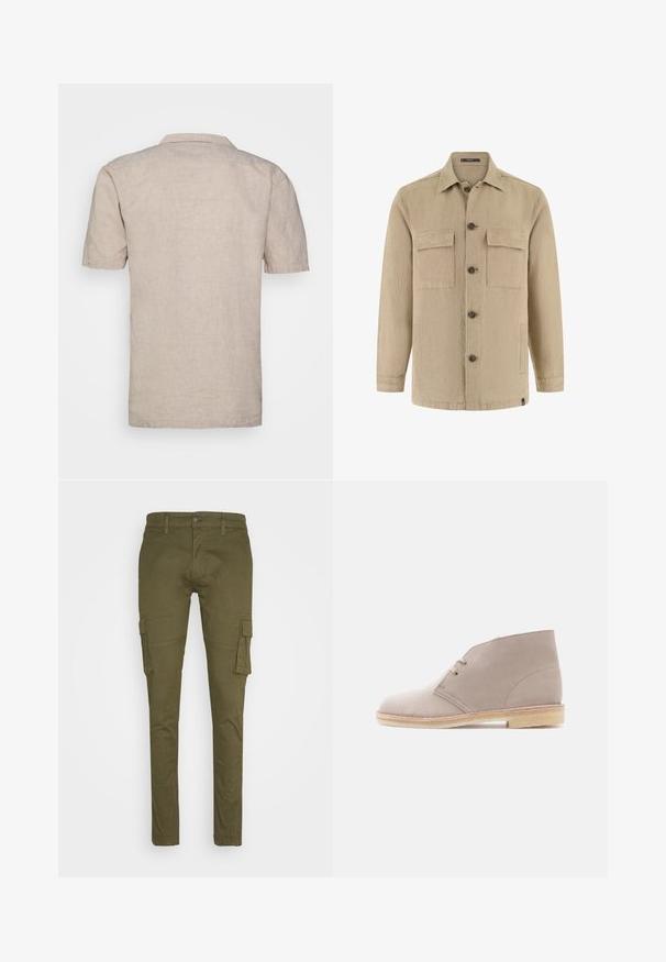Veste-chemise beige à manches longues avec deux poches poitrine à rabat, poches latérales, col classique, et boutons marron.; Chemise en lin beige à manches courtes avec un col, dotée d'un tissu texturé et d'un ourlet droit, sans motifs visibles ni accents.; Pantalons cargo vert olive fabriqués en tissu en mélange de coton. Comprend plusieurs poches cargo sur les côtés, fermeture à bouton et conception à jambe effilée.; Bottine en cuir suédé beige à deux œillets avec lacets, semelle en crêpe et petit talon empilé, vue de profil sur un fond uni.