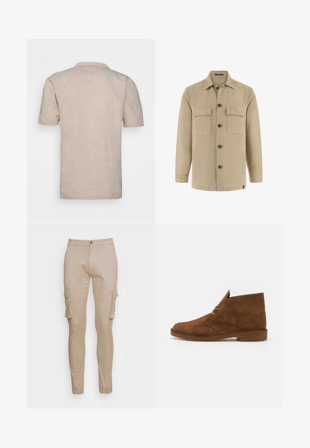 Veste-chemise beige à manches longues avec deux poches poitrine à rabat, poches latérales, col classique, et boutons marron.; Chemise en lin beige à manches courtes avec un col, dotée d'un tissu texturé et d'un ourlet droit, sans motifs visibles ni accents.; Pantalons cargo beiges en coton, à coupe slim, avec plusieurs poches et chevilles fuselées, conçus pour l'utilité et le confort.; Bottes chelsea en cuir suédé marron avec un bout arrondi, des coutures minimalistes, une languette courte et une semelle en caoutchouc pour une meilleure traction.