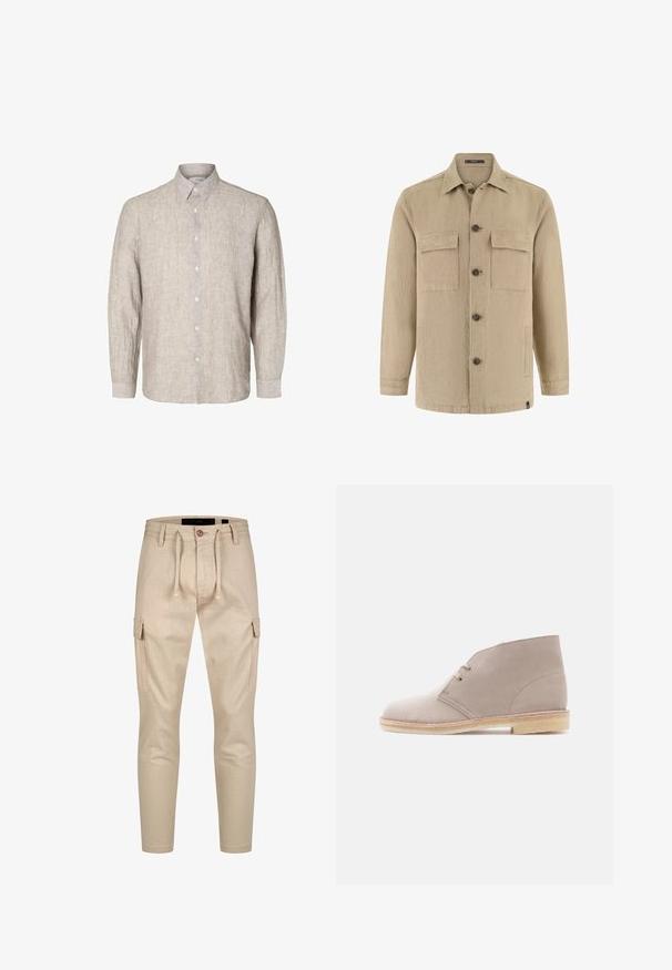 Beige Hemdjacke mit langen Ärmeln, zwei Brustklappentaschen und Seitentaschen, klassischem Kragen und braunen Knöpfen.; Helles graues Leinenhemd mit langen Ärmeln, geknöpftem Kragen und vorderer Knopfleiste. Textil mit einer dezenten Struktur.; Beige Cargo-Shorts in schlanker Passform, mit Einschubtaschen an den Seiten, elastischem Bund und Kordelzug für anpassbaren Komfort.; Beiger Wildleder-Stiefelette mit Zwei-Ösen-Schnürung, Kreppsohle und niedrigem gestapeltem Absatz, seitlich auf einfarbigem Hintergrund gezeigt.