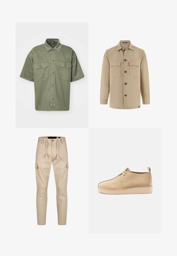 Beige langærmet skjortejakke med knapper, to brystlommer med klap og sidelommer, klassisk krave og brune knapper.; Kortærmet, olivengrøn skjorte lavet af struktureret stof, med krave, to frontlommer og et lille mærke ved kanten.; Beige cargo bukser med en slim fit, der har cargo-lommer på siderne, elastisk talje og snøre til justerbar komfort.; Beige ruskind snørestøvle med rundet tå, tyk sål og trækkrog ved hælen, vist i sideprofil på hvid baggrund.