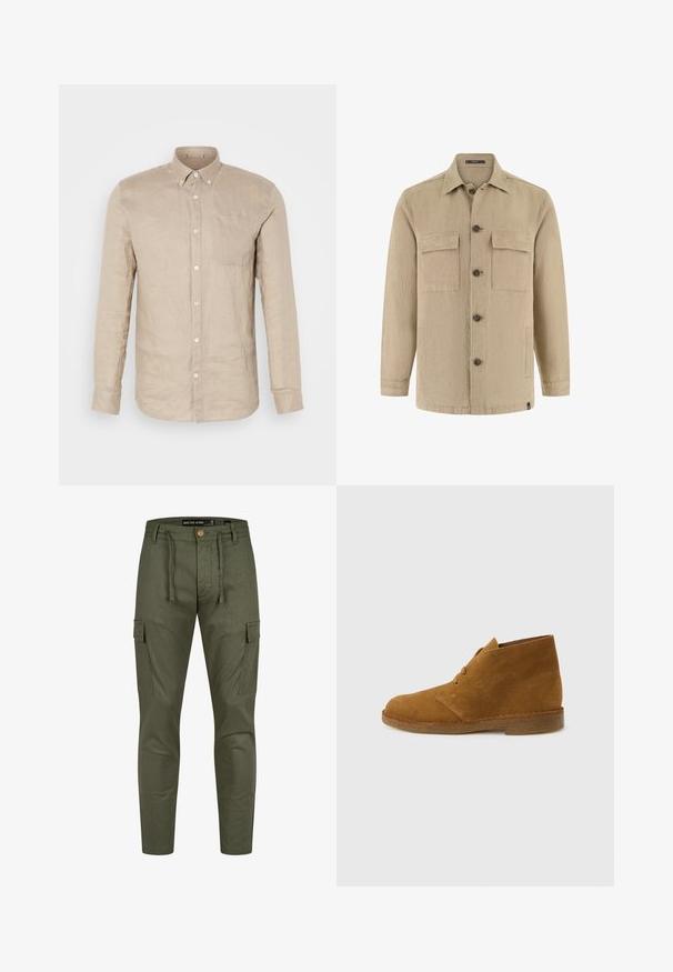 Chaqueta camisa beige de manga larga con botones, dos bolsillos con solapa en el pecho, bolsillos laterales, cuello clásico y botones marrones.; Camisa de lino beige de botones con mangas largas, bolsillo en el pecho y botones blancos. Textura suave, corte relajado y cuello puntiagudo.; Pantalones cargo en verde oliva con cintura ajustable, tejido texturizado, bolsillos laterales y un diseño ceñido. Cierre de botón en la parte delantera.; Bota desértica marrón de ante hasta el tobillo con dos ojales y suela de crepé sobre fondo liso gris claro.