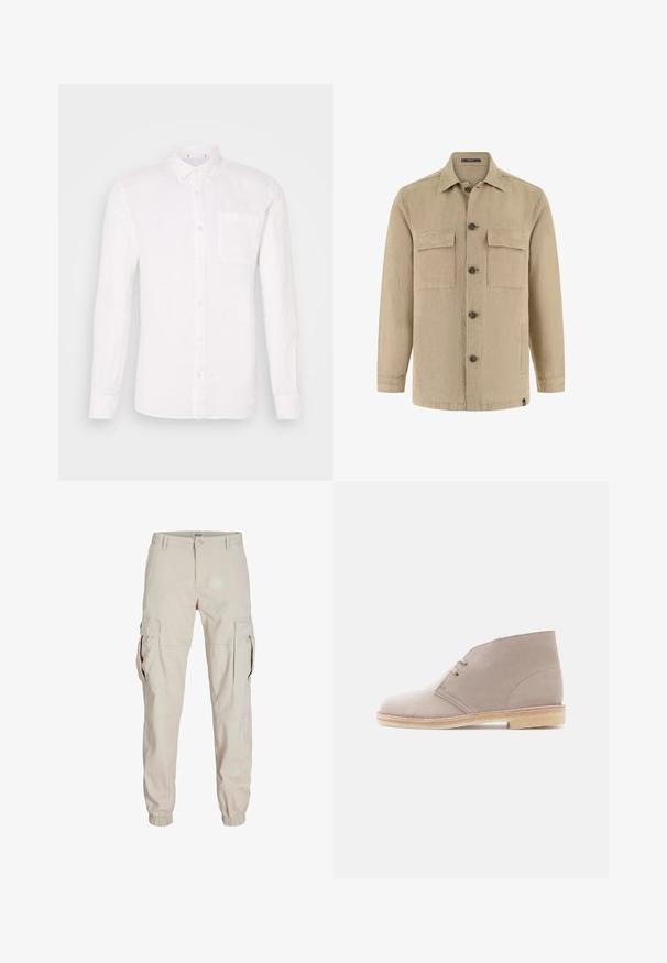Chaqueta camisa beige de manga larga con botones, dos bolsillos con solapa en el pecho, bolsillos laterales, cuello clásico y botones marrones.; Camisa de lino blanca de manga larga con cuello abotonado, un solo bolsillo en el pecho y corte recto. Textura suave, diseño minimalista.; Pantalones cargo beige con bolsillos laterales, puños elásticos y cierre de botón. Hechos de una tela ligera con textura suave.; Bota corta de ante beige con cordones de dos ojetes, suela de crepé y tacón bajo apilado, vista lateral sobre un fondo liso.