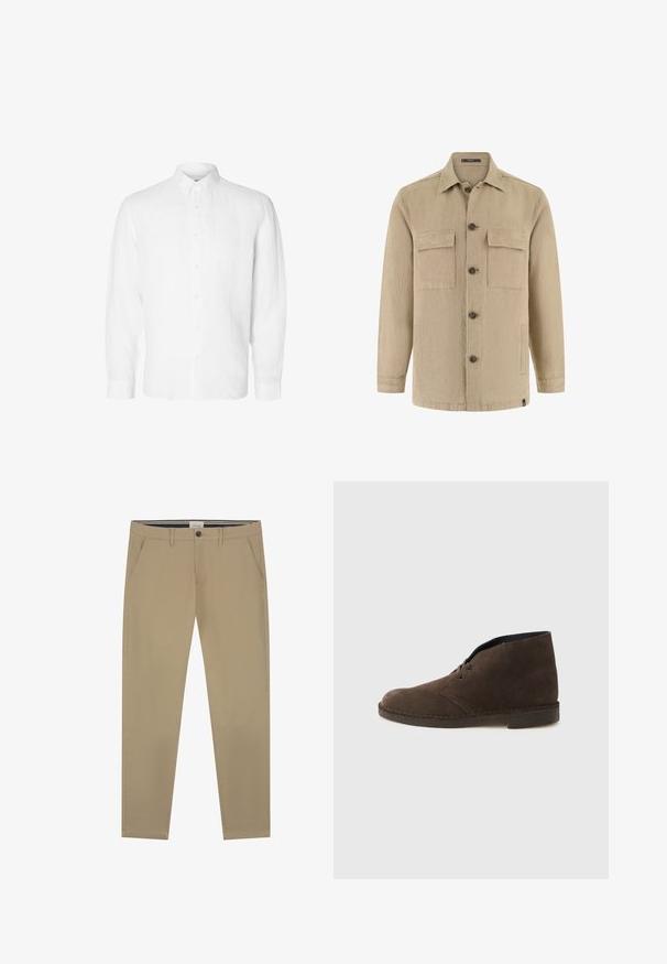 Beige Hemdjacke mit langen Ärmeln, zwei Brustklappentaschen und Seitentaschen, klassischem Kragen und braunen Knöpfen.; Weißes Langarmhemd aus Leinen mit Button-Down-Kragen, vorderen Knöpfen und einer lässigen Passform mit geraden Manschetten.; Beige Chinos aus glattem Baumwollstoff, mit geradem Bein, einem Knopfverschluss und zwei Seitentaschen. Dezente Nähdetails.; Brauner Ankle-Boot aus Wildleder mit zwei Ösen, niedrigem Absatz und genähter Sohle vor einfachem hellgrauem Hintergrund.