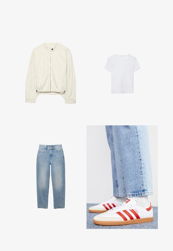 Off-white bomber bunda s predným zipsom, golierom a manžetami na patentky a bočnými vreckami na dlhých rukávoch.; Biela kratká dámska tričko s krátkym rukávom vyrobené z mäkkej látky. Má okrúhly výstrih a jednoduchý, čistý dizajn so rovnými okrajmi.; Svetlomodré rifle s rovnými nohavicami, predným gombíkom, zipsom a piatimi vreckami, zobrazené na bielom pozadí.; Biele kožené tenisky s červenými pruhmi a akcentmi. Majú štruktúrovanú gumovú podrážku a polstrovaný golier. Nosené s svetlomodrými džínsami.