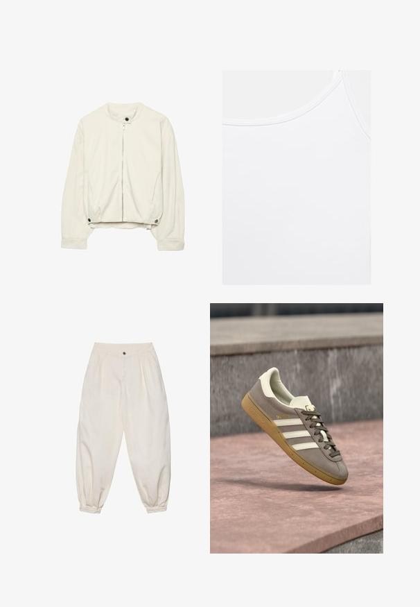 Blouson aviateur blanc cassé avec fermeture éclair à l'avant, col et poignets à boutons-pression, et poches latérales sur des manches longues.; Débardeur blanc uni avec encolure arrondie et coutures visibles le long des bords.; Pantalon blanc taille haute à jambes fuselées, avec plis, bouton à l'avant, poches latérales et bas élastiqués resserrés aux chevilles.; Baskets Adidas en suède marron clair avec des rayures blanches et une semelle gomme, suspendues au-dessus de marches en pierre rose en plein air.