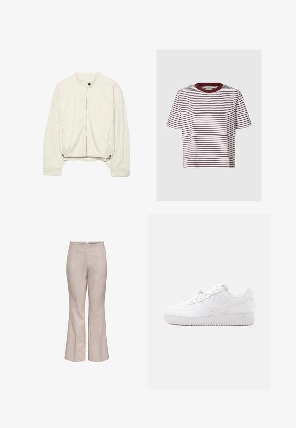 Blouson aviateur blanc cassé avec fermeture éclair à l'avant, col et poignets à boutons-pression, et poches latérales sur des manches longues.; T-shirt blanc à manches courtes avec de fines rayures horizontales rouge foncé et un col rond uni rouge foncé.; Pantalon beige taille haute à jambes droites avec des détails subtils de couture frontale et une fermeture frontale dissimulée, présenté sur un fond blanc.; Basket basse blanche avec embout perforé, fermeture à lacets, semelle texturée et un logo Swoosh discret sur le côté.
