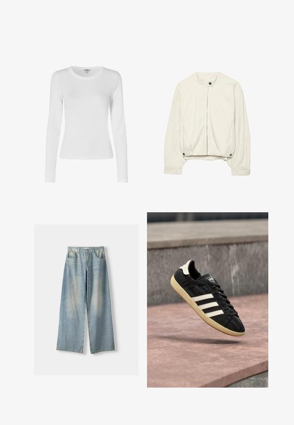 Off-white bomberjakke med lynlås foran, trykknap-krave og manchetter samt sidelommer på de lange ærmer.; Langærmet hvid strækbar top med rund halsudskæring, glat tekstur, tætsiddende design og ribbet detaljering langs ærmerne og kanten.; Lyseblå vidde denimjeans med en falmet vask, der har fem lommer og en let krøllet tekstur. Synlig stikning.; Sort Adidas sneaker med hvide striber og beige sål, fanget i luften over en stenet overflade og baggrund af en stenmur.
