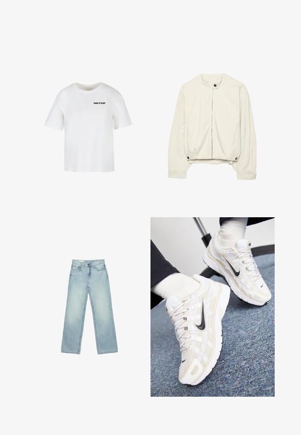 Off-white bomberjack met een ritssluiting aan de voorkant, een kraag en manchetten met drukknoop, en zijzakken op lange mouwen.; Witte T-shirt met korte mouwen en een ronde hals met zwarte tekst "TAKE IT EASY" op de linker bovenborst.; Lichtblauwe jeans met hoge taille en wijde pijpen, lichte slijtage op de voorzakken en dijen, knoopsluiting en vijfzakkenontwerp.; Witte en beige Nike sneakers met een mesh bovenwerk, textuur overlay, zwarte swoosh en een gevoerde zool met een gripzool.