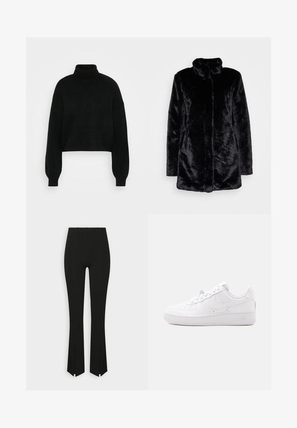 Manteau en fausse fourrure noire avec un col haut, texture douce, manches longues et un design à devant ouvert. Pas de fermetures visibles.; Pull en laine noir court avec col roulé haut, texture côtelée et manches larges. Fabriqué en matière tricot douce. Design simple sans motifs.; Pantalons évasés noirs avec une texture côtelée, dotés de fentes sur les côtés à l'ourlet et d'une taille haute. Tissu lisse sans embellissements visibles.; Basket basse blanche avec embout perforé, fermeture à lacets, semelle texturée et un logo Swoosh discret sur le côté.