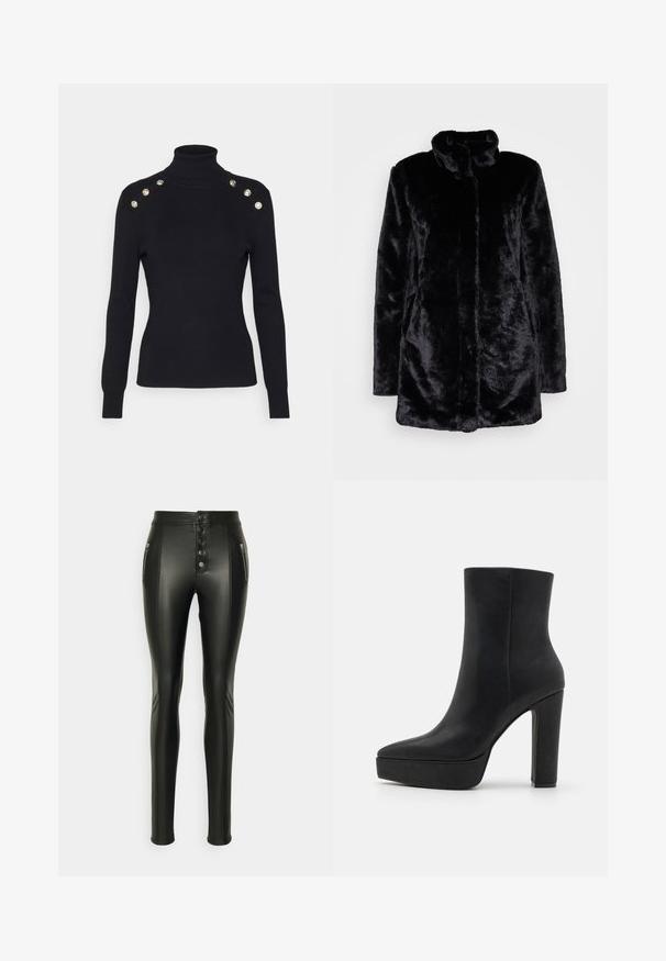 Abrigo de piel sintética negra con un alto cuello, texturas suaves, mangas largas y un diseño de frente abierto. Sin cierres visibles.; Morgan MIBO - Jersey de punto - noir; ONLY Tall ONLSIGGA - Jeggings - black; Botín negro de cuero texturizado, con punta puntiaguda, plataforma gruesa y tacón alto de bloque. Superficie lisa, detalles mínimos.