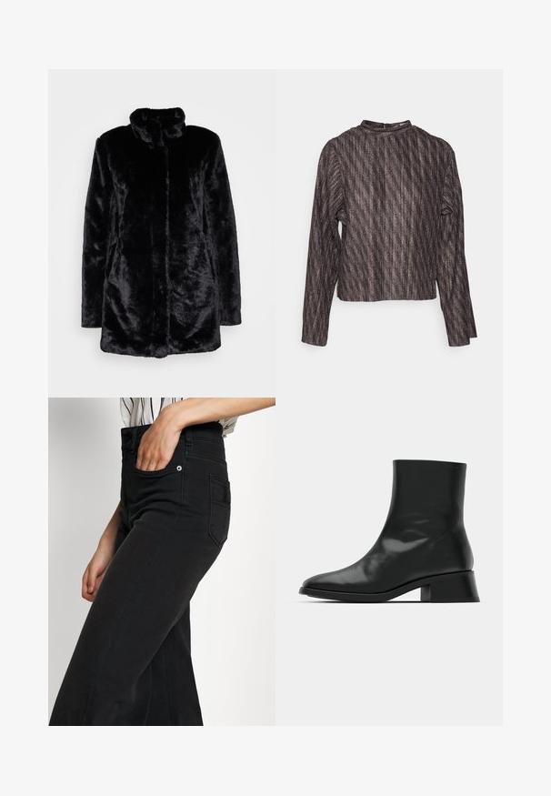 Sorte imiteret pelsfrakke med høj krave, blød tekstur, lange ærmer og åben frontdesign. Ingen synlige lukninger.; Object Bluse - black; Sorte jeans i bred benstil med høj talje, forlommer og en baglappe. Glat tekstur med minimale syningsdetaljer.; Sort ankelstøvle lavet af blank læder, med et strømlinet design, spids tå og en moderat blokhælhøjde for stabilitet.
