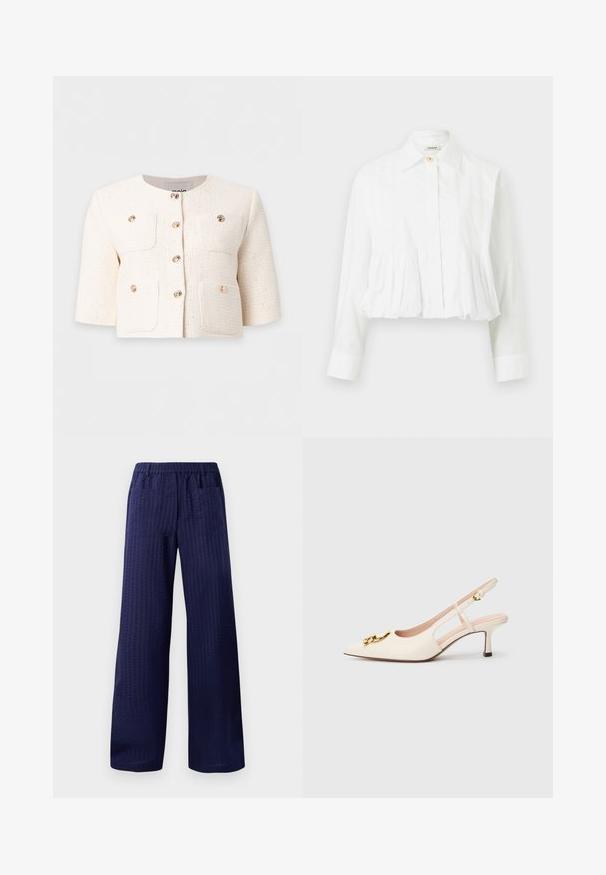 Veste courte à manches texturée couleur crème, col rond, six boutons dorés et quatre poches plaquées devant sur un fond uni.; Blouse blanche à manches longues avec taille plissée, col classique, fermeture par un seul bouton supérieur et boutons avant dissimulés.; Pantalons larges bleu marine avec une finition texturée, une ceinture élastique et deux poches arrière. Fabriqués en tissu léger et respirant.; Escarpins à bride arrière beige à bout pointu, ornés d'une chaîne décorative dorée, d'un petit talon bloc et de découpes latérales. Texture en cuir lisse.