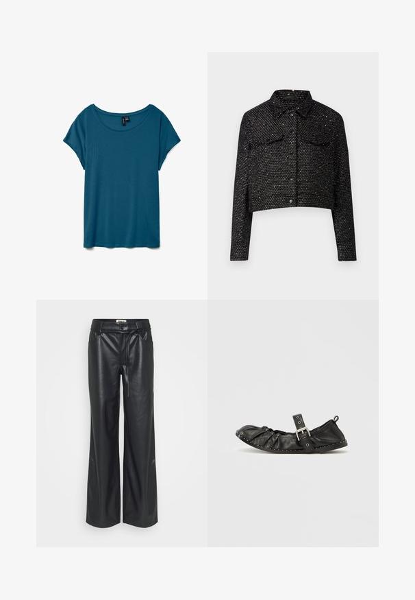 Chaqueta negra corta con tejido texturizado, con acentos metálicos, un cuello, dos bolsillos en el pecho y cierre delantero con botones.; Camiseta de manga corta de color verde azulado con escote redondo, hecha de tela suave, con un corte holgado y una textura lisa.; Pantalones de imitación de cuero negros de pierna ancha con una cintura alta, que presentan un detalle de lazo en la cintura y bolsillos a ambos lados. Textura suave.; Bailarina plana de cuero negro con frente fruncido y correa en el tobillo. Hebilla decorativa plateada y pequeños remaches blancos a lo largo de la suela.