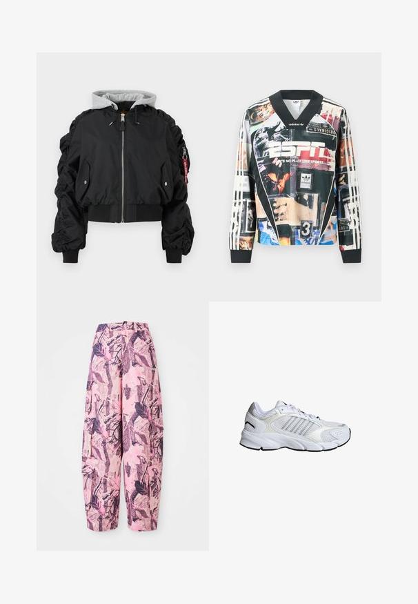 Chaqueta bomber negra con cremallera y mangas fruncidas, dos bolsillos delanteros, puños y dobladillo acanalados, y una capucha gris con cordones.; Camiseta deportiva de manga larga de Adidas con collage de imágenes deportivas vintage, logotipo de ESPN y texto "No hay lugar como los deportes".; Los pantalones de pierna ancha, de colores rosa y púrpura, presentan un diseño de hojas y ramas, con una cintura alta y bolsillos laterales para mayor funcionalidad.; Zapato deportivo blanco con malla transpirable y materiales sintéticos, tres franjas plateadas, suela de caucho texturizada y cuello acolchado.