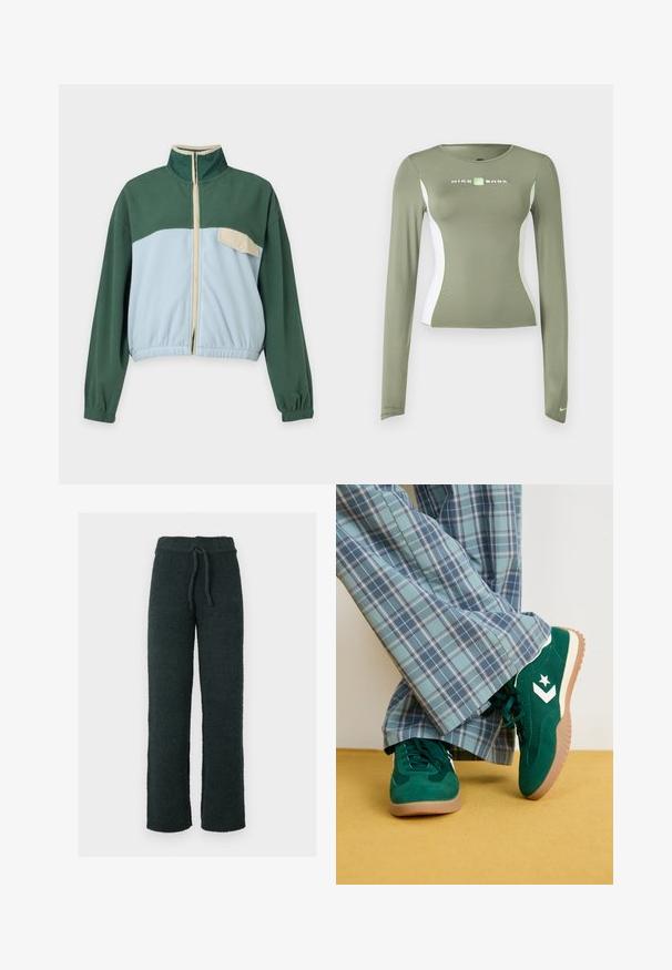 Chaqueta de forro polar verde y azul claro con cremallera frontal, cuello alto, puños elásticos y un bolsillo en el pecho con botón a presión beige en el lado izquierdo.; Camiseta de manga larga Nike Shox en verde oliva con paneles laterales blancos y detalles en verde neón, corte ajustado y pequeño logo de swoosh en el puño de la manga.; Pantalones de lounge negros y texturizados, hechos de un material suave y esponjoso. Cuentan con una cintura elástica con cordón para un ajuste regulable. Diseño casual de pierna recta.; Zapatillas de ante verdes con acentos blancos y un logo de estrella, combinadas con pantalones de cuadros azules de pierna ancha, sobre un suelo amarillo.