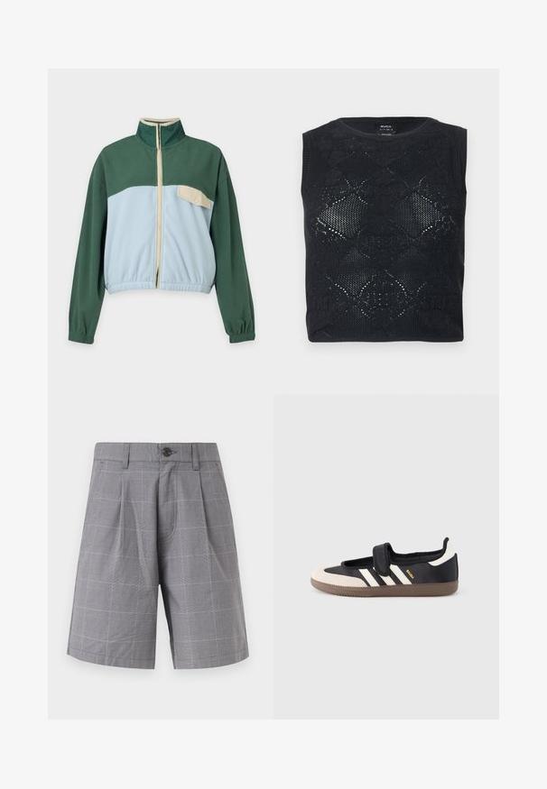 Veste polaire verte et bleu clair avec une fermeture éclair à l'avant, un col montant, des poignets élastiques et une poche poitrine beige à bouton-pression sur le côté gauche.; Haut noir sans manches en maille avec motif de dentelle florale et encolure ronde, plié à plat sur un fond clair.; Shorts gris sur mesure avec un motif à carreaux subtil, plis avant, passants pour ceinture, poches latérales et une fermeture à bouton noir unique.; Baskets noires et beiges avec une bride en velcro, trois bandes blanches sur le côté, et une semelle en caoutchouc marron texturée. Logo de la marque visible.