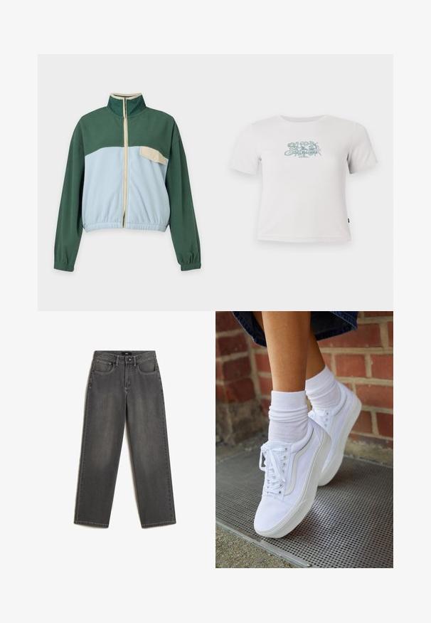 Groene en lichtblauwe fleecejas met een ritssluiting aan de voorkant, hoge kraag, elastische manchetten en een beige borstzakje met drukknop aan de linkerkant.; Korte witte geribbelde T-shirt met korte mouwen en een kleine groene bloemenafbeelding in het midden van de borst.; Grijze wijde jeans van denim. Heeft vijf zakken, een sluiting met een knoop en ritssluiting aan de voorkant, en subtiele vervaging op de stof.; Witte canvas sneakers met rubberen zolen, voorzien van zes vetertjes, een ronde neus en lichte stikdetails, gecombineerd met witte enkelsokken.