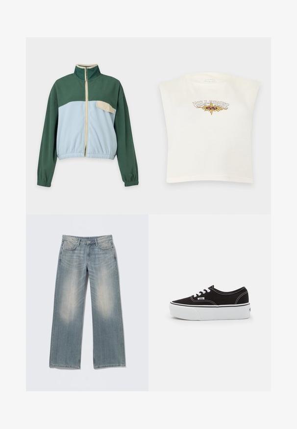 Veste polaire verte et bleu clair avec une fermeture éclair à l'avant, un col montant, des poignets élastiques et une poche poitrine beige à bouton-pression sur le côté gauche.; Chemise blanche sans manches avec un soleil enflammé et le texte "Billabong" en lettres stylisées sur la poitrine.; Jean bleu clair à jambes larges avec une finition délavée, en denim. Comprend des passants pour ceinture, des poches avant et une braguette zippée avec fermeture par bouton.; Baskets en toile noires avec une semelle en caoutchouc blanc, dotées de lacets et de coutures blanches, marquage emblématique sur le côté, design basse.